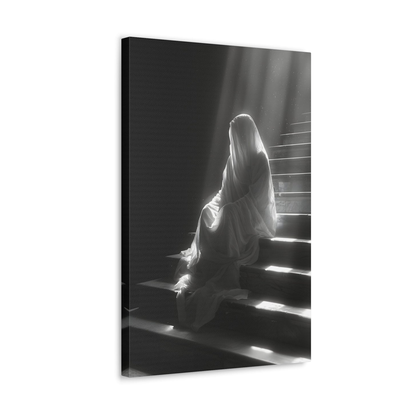 Vertical-oriented wall art: An eerie depiction of a ghostly apparition, its translucent form sitting on stairs, surrounded by a soft, ethereal glow.