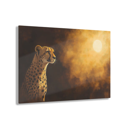 Horizontal-oriented wall art: "Shadowed Speed III" A cheetah gazes into the distance, bathed in the warm glow of a mysterious light source against a softly lit, golden background. The detailed fur and majestic pose are highlighted by dramatic shadows, capturing the animal's grace and strength in a serene moment.