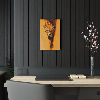 Vertical-oriented wall art: A striking portrait of a cheetah, set against a vibrant orange background, captures the animal’s focused gaze and sleek body as it moves forward. The minimalistic backdrop with dynamic brushstrokes accentuates the cheetah’s speed and agility, while its realistic details stand out in contrast to the abstract surroundings.