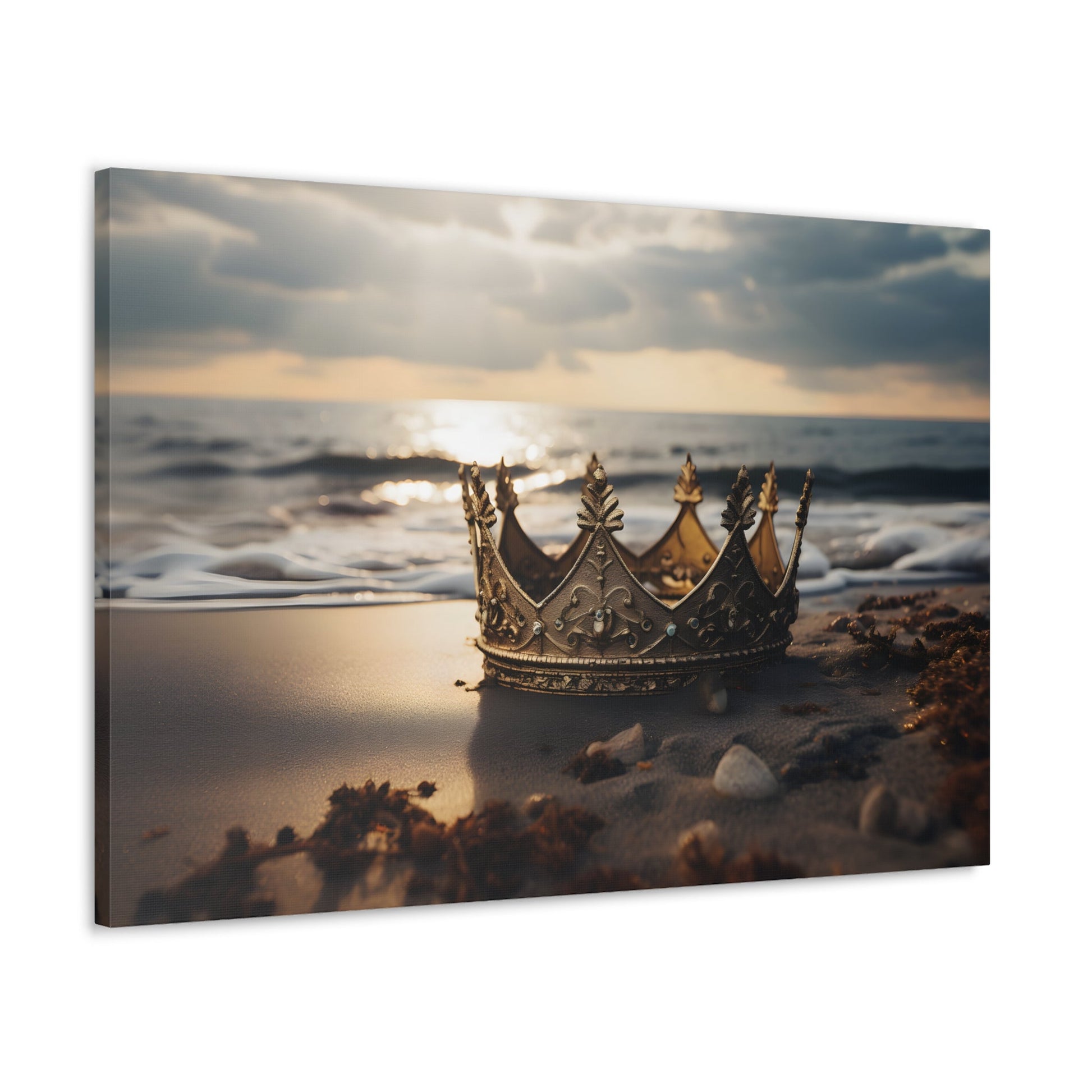 Horizontal-oriented wall art: "Find Your Crown" A golden crown rests gracefully on a sandy shore, illuminated by the warm glow of a sunset over gentle ocean waves. This evocative scene symbolizes self-discovery and the pursuit of inner majesty.