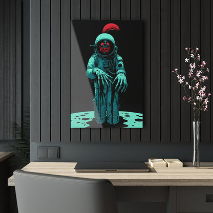 Vertical-oriented wall art: "Cosmic Remains IV" A decayed astronaut, with grotesque hands reaching forward, stands against a dark space background, illuminated by eerie teal and red tones. The haunting figure evokes a sense of cosmic horror and isolation, creating a striking contrast between the decaying form and the endless void.