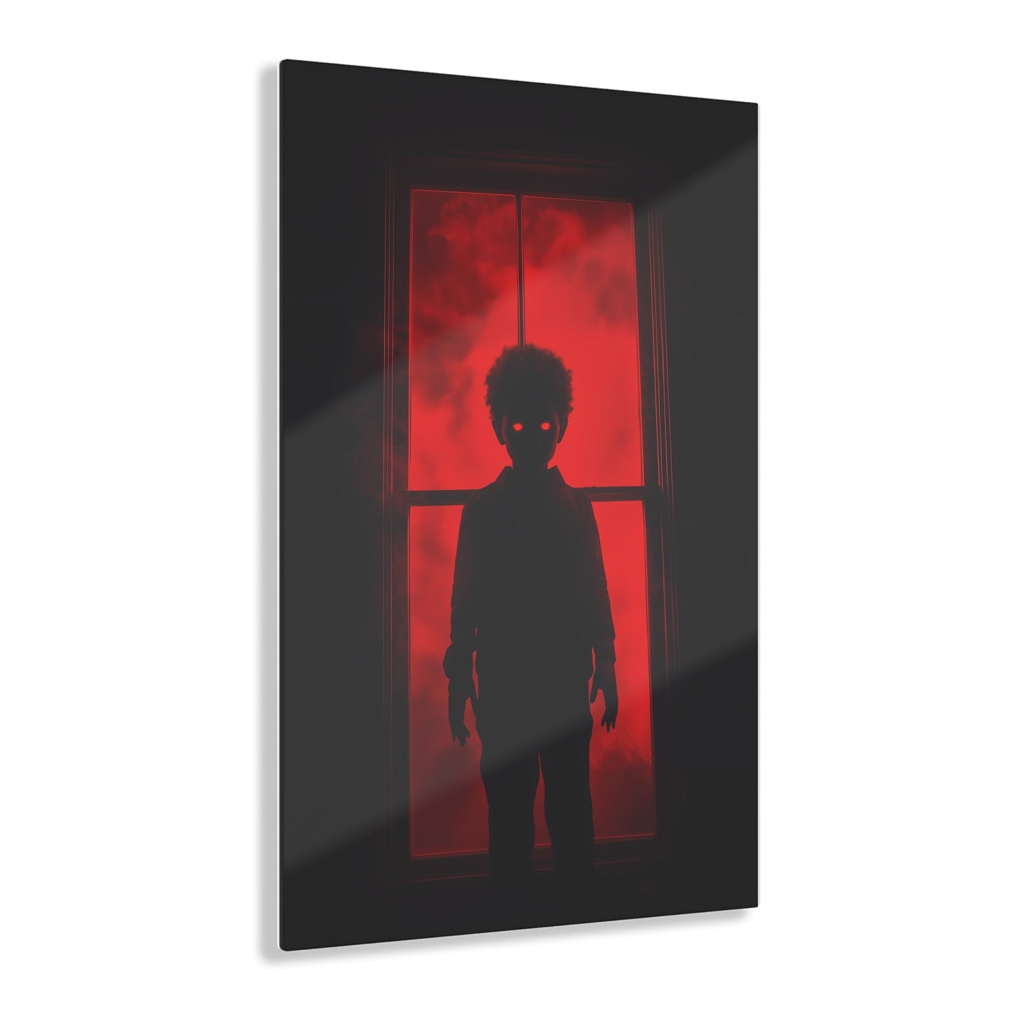 Vertical-oriented wall art: "Shadows in the Mist II." A shadowy child-like figure with glowing red eyes stands against a crimson-illuminated window, shrouded in red mist and black silhouettes, evoking an eerie and supernatural atmosphere.