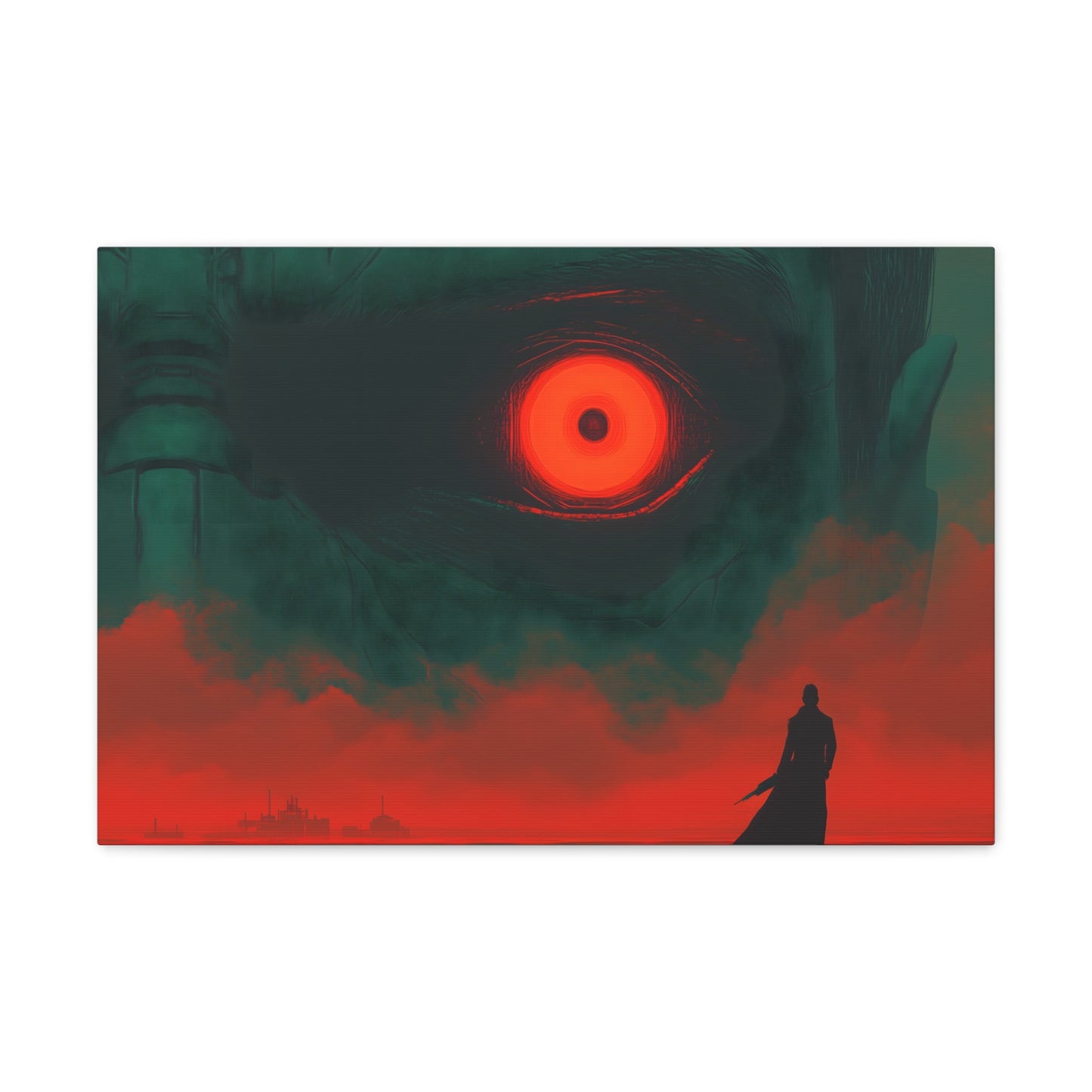 Horizontal-Oriented wall art: A lone hero stands before a massive, glowing red eye that dominates the dark, ominous landscape, symbolizing the looming threat of the final boss. The intense contrast of deep greens and fiery reds heightens the tension, capturing the moment before an epic battle.