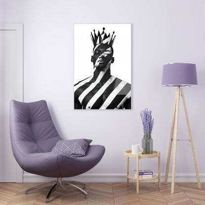 Vertical-oriented wall art: "Crown of Dignity II" A regal portrait of a man wearing a bold, geometric crown, with black and white stripes painted across his face and body. The minimalist composition emphasizes strength, elegance, and cultural pride in a modern, abstract style.