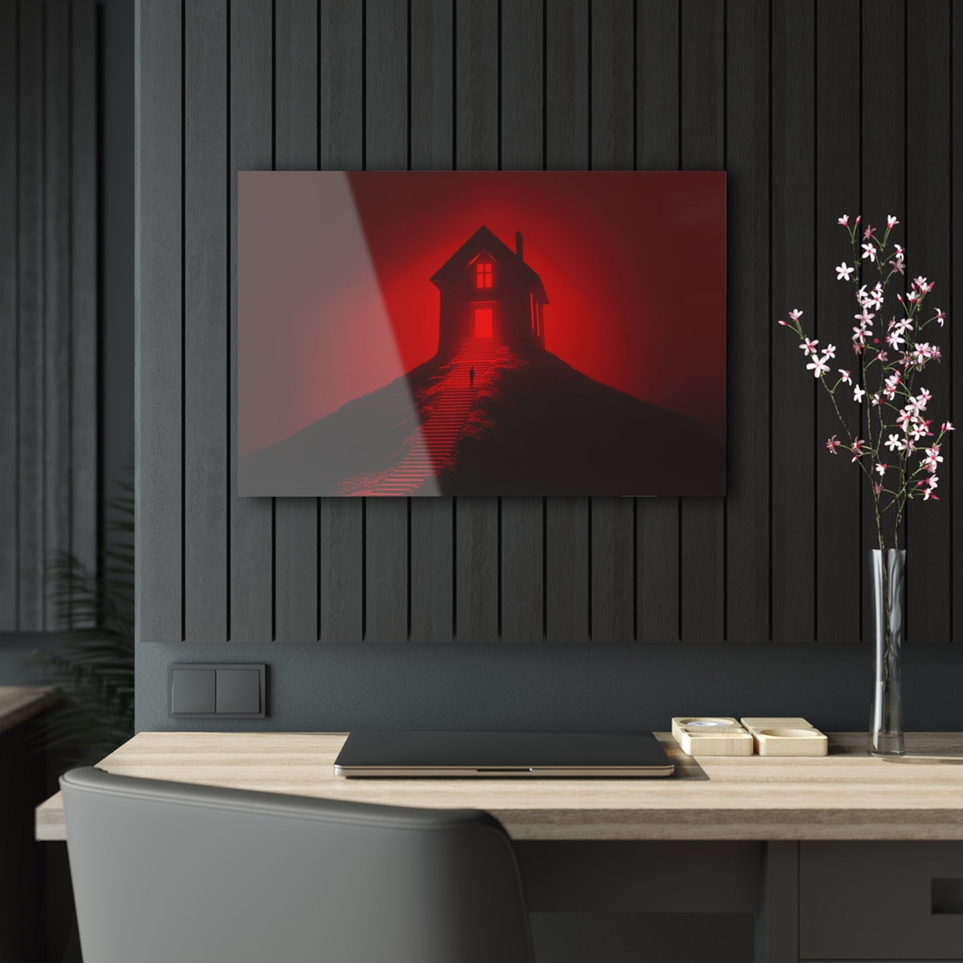 Horizontal-oriented wall art: Artwork titled Crimson Ascent from the Ruby Realms collection, featuring a glowing red house atop a hill with a solitary figure ascending a shadowed staircase. The piece creates an eerie and surreal atmosphere with its intense red glow and dramatic contrast.