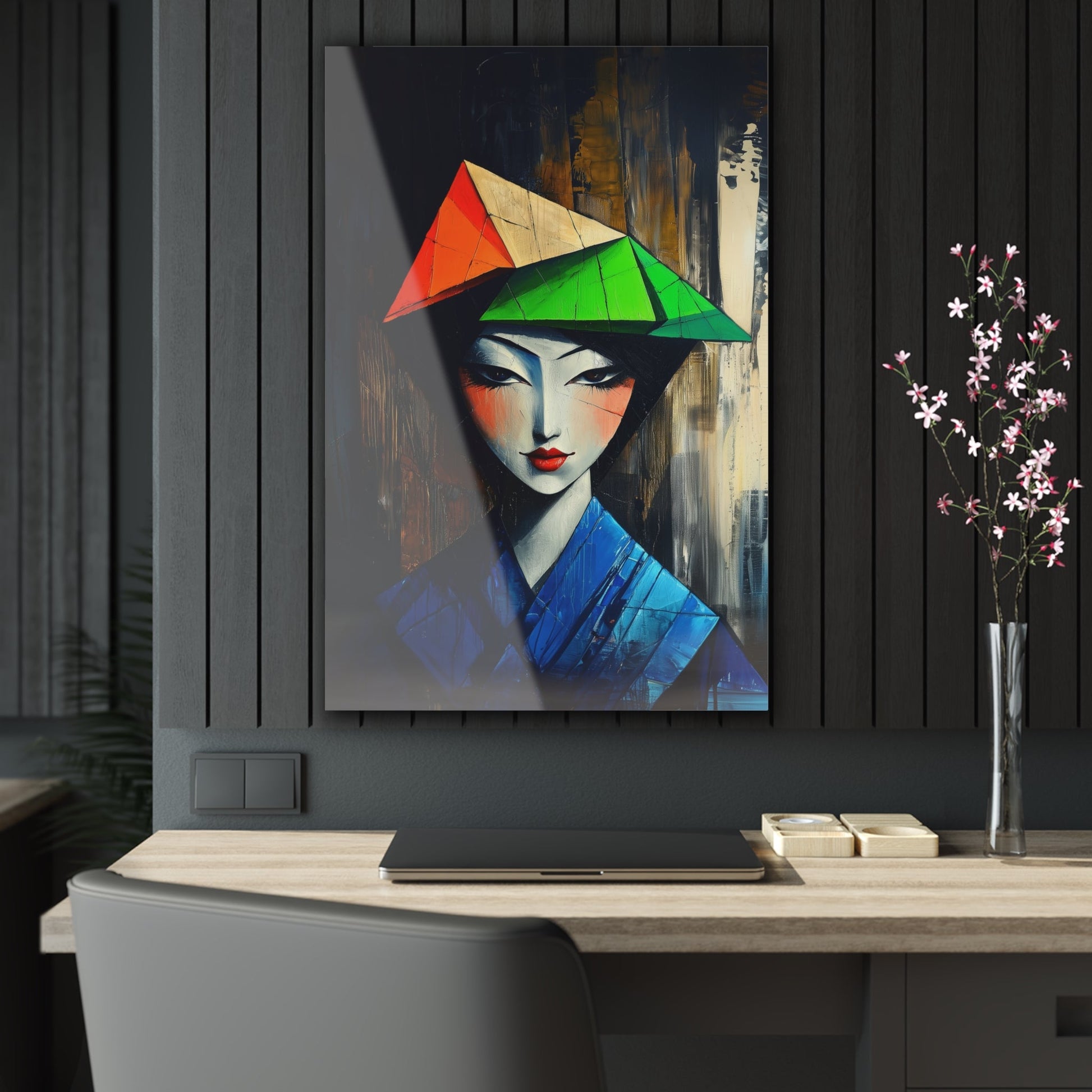 Vertical-oriented wall art: "Fractured Elegance." An Asian woman in traditional attire is depicted in a Cubist style, her serene expression framed by angular geometric shapes in blue, green, and orange. Dramatic lighting highlights the vibrant palette and intricate textures, creating a sophisticated and ethereal composition.