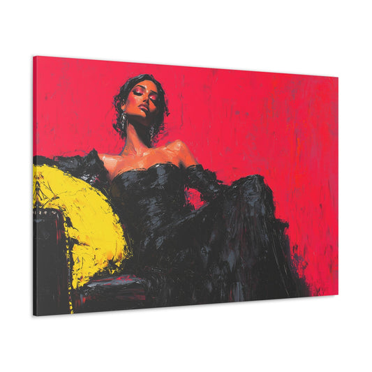 Horizontal-oriented wall art: "Black Enigma." A confident woman reclines in a textured black dress, set against a vivid red background with a bright yellow accent pillow. The palette knife painting technique enhances the bold textures and dynamic energy, reflecting high fashion and empowerment.