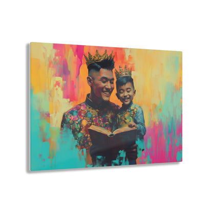 Horizontal-Oriented wall art: "Crowning Knowledge V" depicts a joyful father and son wearing golden crowns, smiling as they share a moment of reading together against a vibrant, abstract background of pinks, oranges, and blues. The artwork blends detailed portraiture with a playful, colorful backdrop, capturing the warmth and happiness of family bonds.