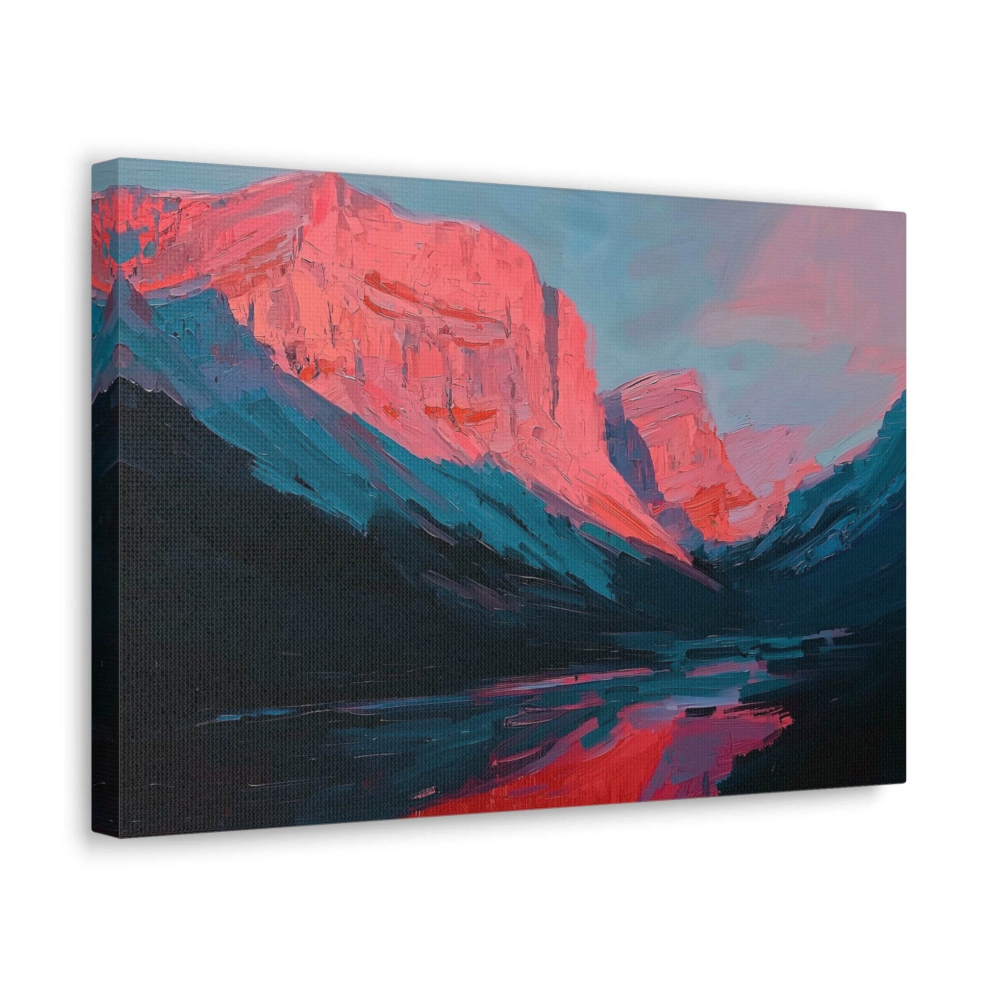 Horizontal-oriented wall art: "Timeless Peaks" Landscape artwork titled Timeless Peaks from the Bold Horizons collection, featuring vibrant crimson and pink mountains reflected in a tranquil lake. The piece highlights bold brushstrokes and a dynamic interplay of warm and cool colors, evoking majesty and serenity.