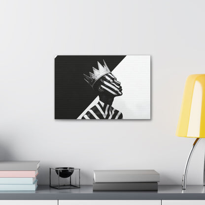 Horizontal-oriented wall art: "Crown of Dignity V" A black-and-white abstract portrait of a Black man wearing a metallic crown, his face and body adorned with bold, geometric stripes. The striking contrast and minimalist design emphasize his regal presence and dignified expression against a stark background.