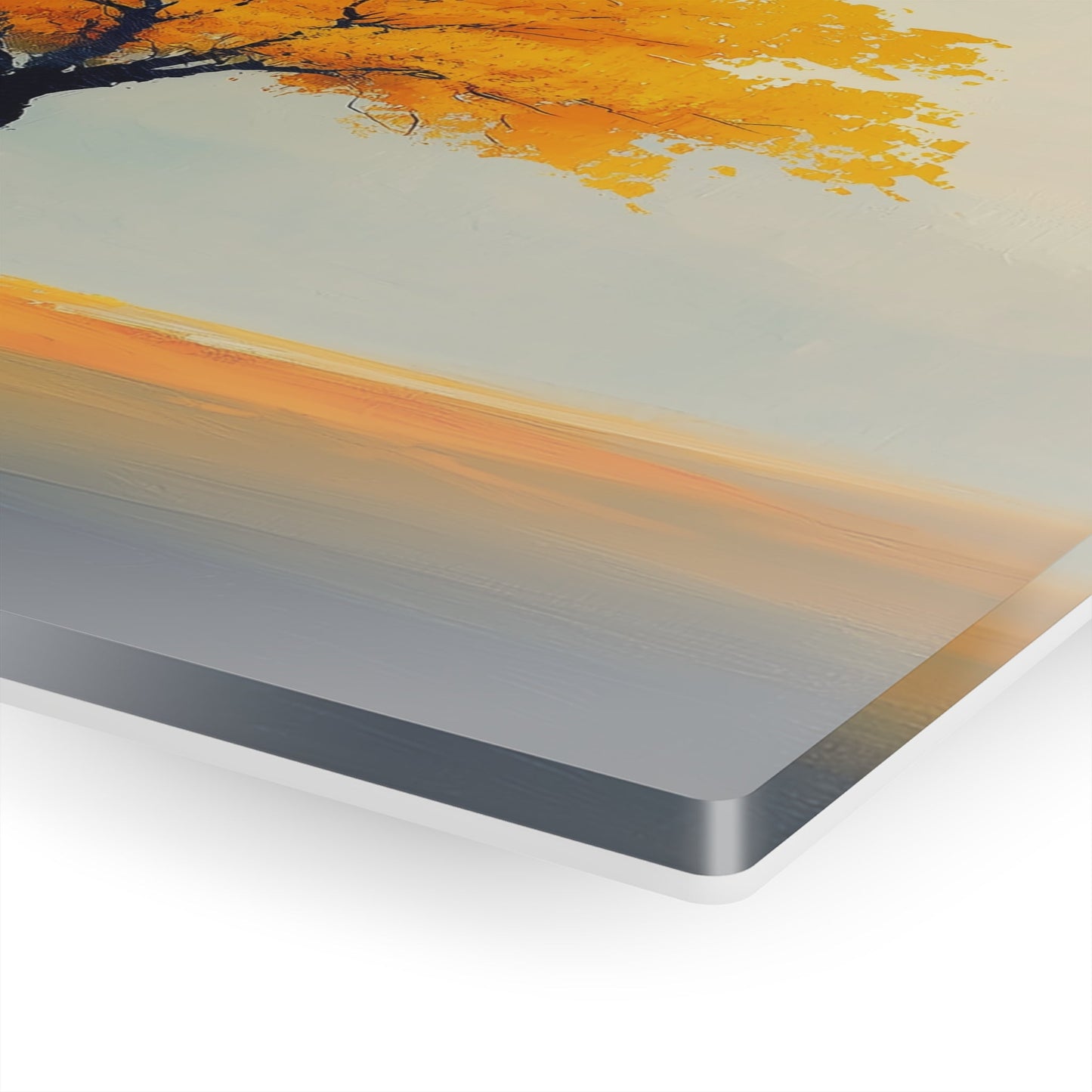 Horizontal-oriented wall art: Artwork titled Autumn’s Glow from the Ethereal Horizons collection, featuring a vibrant golden tree standing alone in a serene, misty landscape. The composition combines warm amber tones with soft teal hues, evoking tranquility and the timeless beauty of autumn.