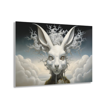 Horizontal-oriented wall art: A surreal, oversized white hare with mechanical eyes is depicted in the center, surrounded by swirling cloud-like forms. The background features a dreamy, ethereal landscape with hints of industrial architecture, blending natural and abstract elements.