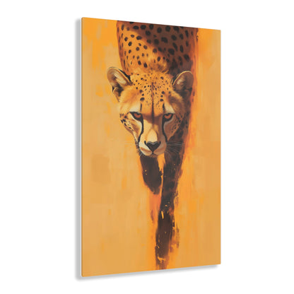 Vertical-oriented wall art: A striking portrait of a cheetah, set against a vibrant orange background, captures the animal’s focused gaze and sleek body as it moves forward. The minimalistic backdrop with dynamic brushstrokes accentuates the cheetah’s speed and agility, while its realistic details stand out in contrast to the abstract surroundings.