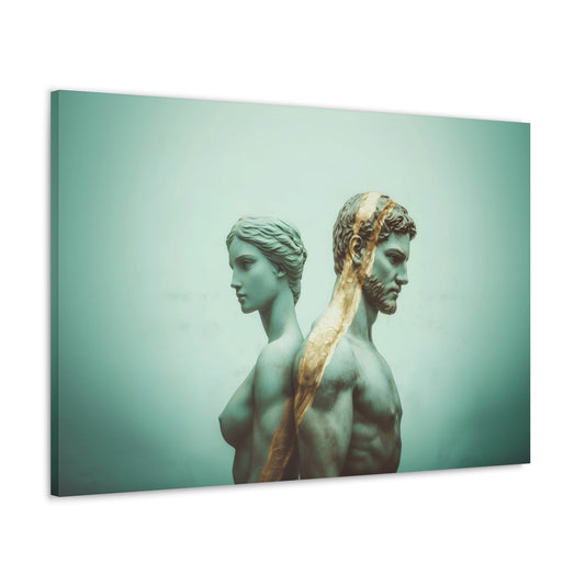 Horizontal-oriented wall art: "Bound by Gold" Two statues, a male and a female, stand back-to-back against a teal background, connected by a bold, gold streak that runs vertically between them. The artwork combines classical Renaissance sculpture with a modern touch, emphasizing themes of connection and separation.