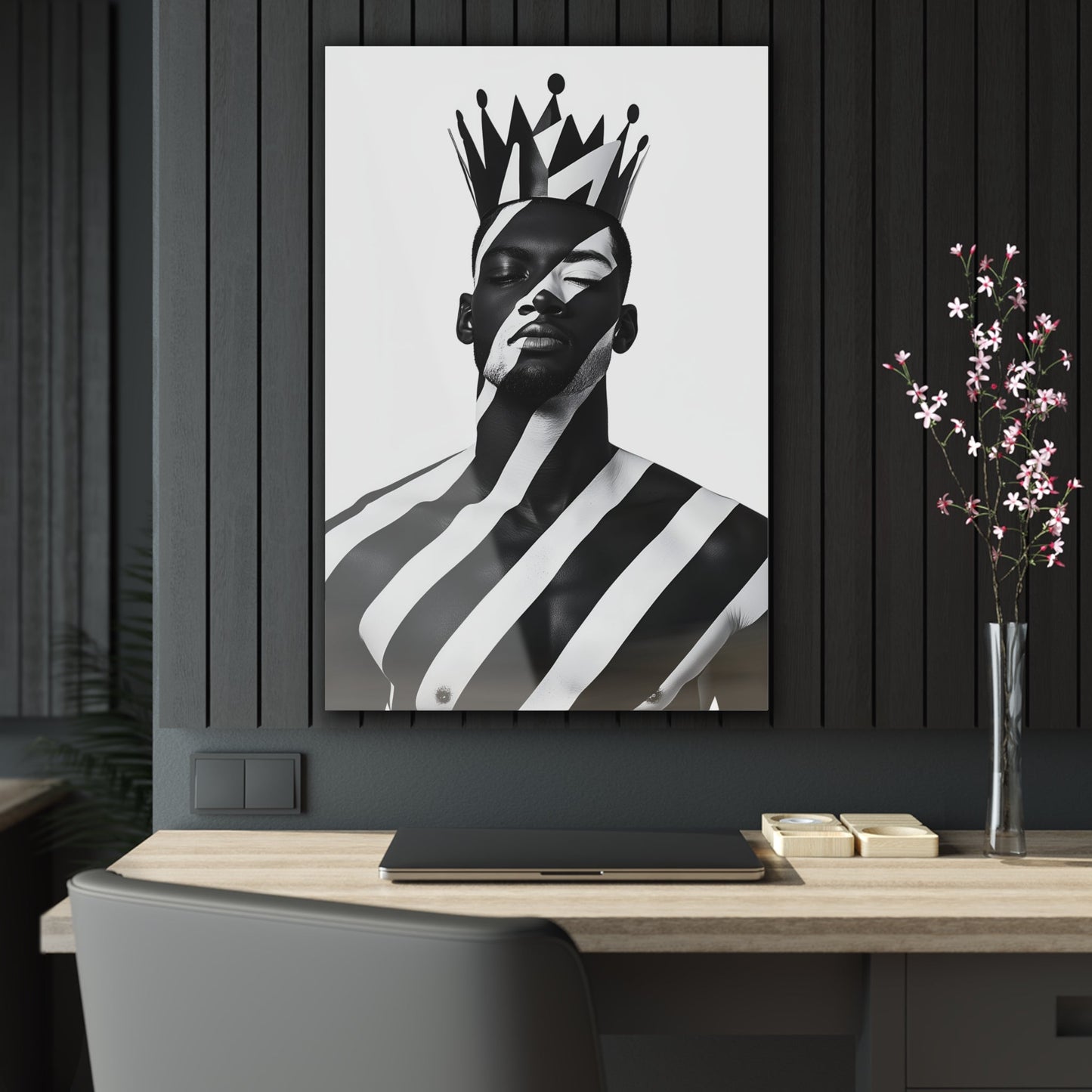 Vertical-oriented wall art: "Crown of Dignity II" A regal portrait of a man wearing a bold, geometric crown, with black and white stripes painted across his face and body. The minimalist composition emphasizes strength, elegance, and cultural pride in a modern, abstract style.