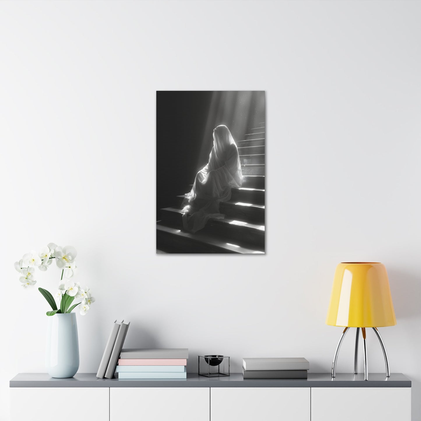 Vertical-oriented wall art: An eerie depiction of a ghostly apparition, its translucent form sitting on stairs, surrounded by a soft, ethereal glow.