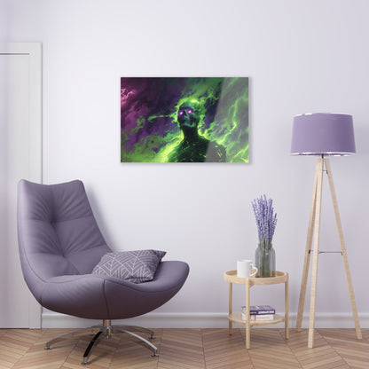 Horizontal-oriented artwork: An eerie illustration featuring a mystical lich with glowing eyes, surrounded by eldritch energies in shades of green and purple, against a dark, ominous background.