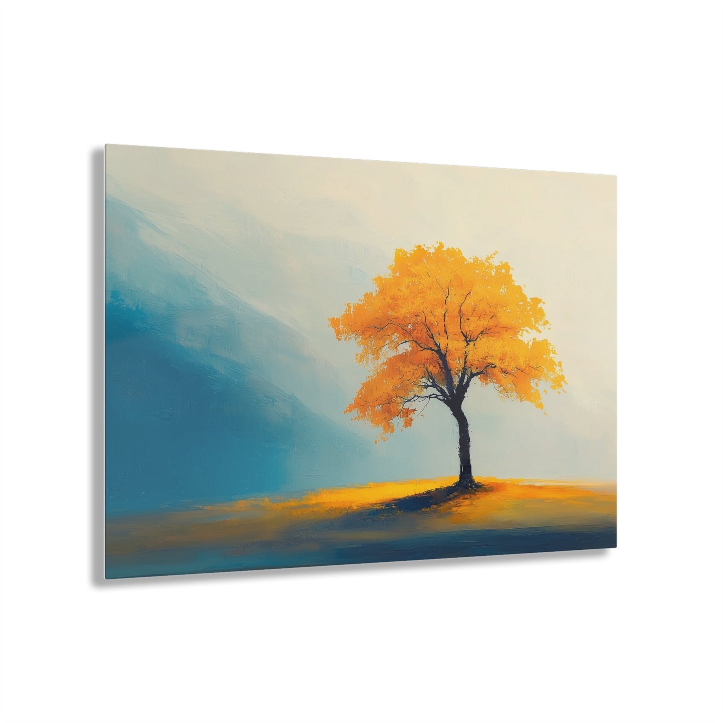 Horizontal-oriented wall art: Artwork titled Autumn’s Glow from the Ethereal Horizons collection, featuring a vibrant golden tree standing alone in a serene, misty landscape. The composition combines warm amber tones with soft teal hues, evoking tranquility and the timeless beauty of autumn.