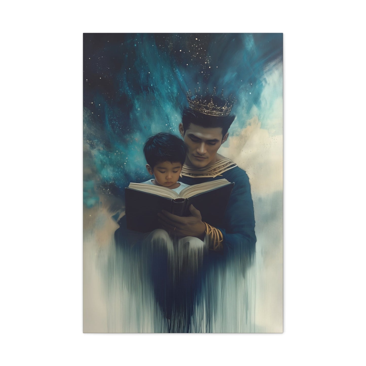 Vertical-oriented wall art: "Crowning Knowledge VI" depicts a father and son wearing golden crowns, reading a book together, surrounded by a swirling, cosmic blue and teal background. The soft, ethereal atmosphere emphasizes the serene and mystical bond of shared learning and wisdom between the two figures.