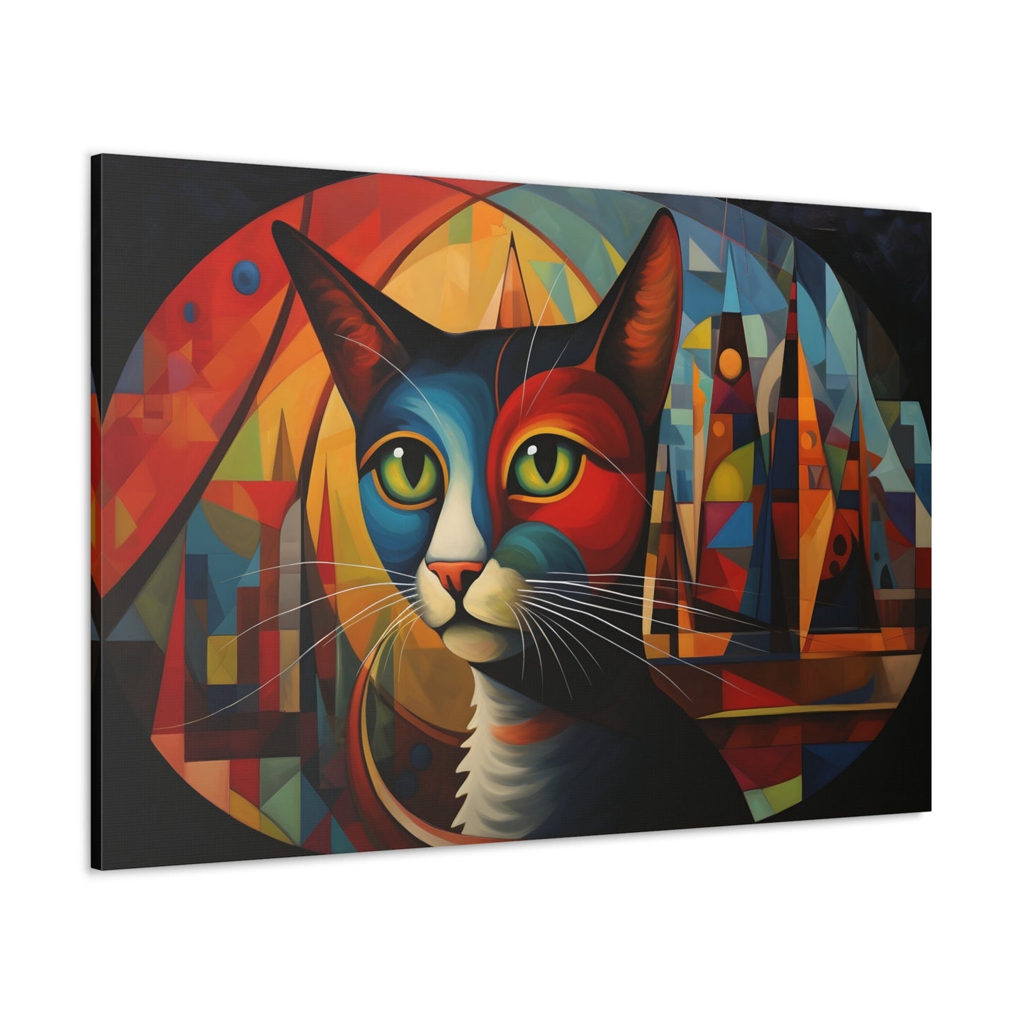 Horizontal-oriented wall art: A vibrant, abstract portrayal of a cat featuring dynamic angles and bold geometric shapes, rendered in rich, saturated colors. The composition captures the essence of the feline’s curiosity and grace, offering a modernist perspective on the animal world.