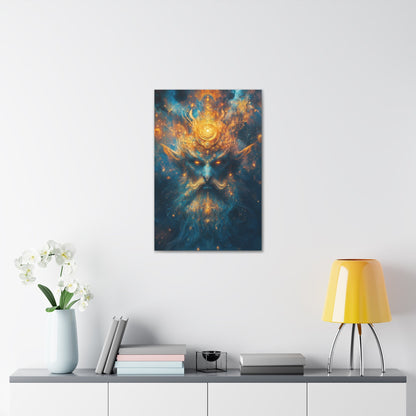 Vertical-oriented wall art "Celestial Djinn II" A cosmic djinn with glowing eyes and intricate golden patterns emerges from a swirl of azure and gold energy. This mystical artwork captures the celestial power and ancient wisdom of a divine being.