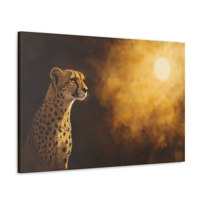 Horizontal-oriented wall art: "Shadowed Speed III" A cheetah gazes into the distance, bathed in the warm glow of a mysterious light source against a softly lit, golden background. The detailed fur and majestic pose are highlighted by dramatic shadows, capturing the animal's grace and strength in a serene moment.