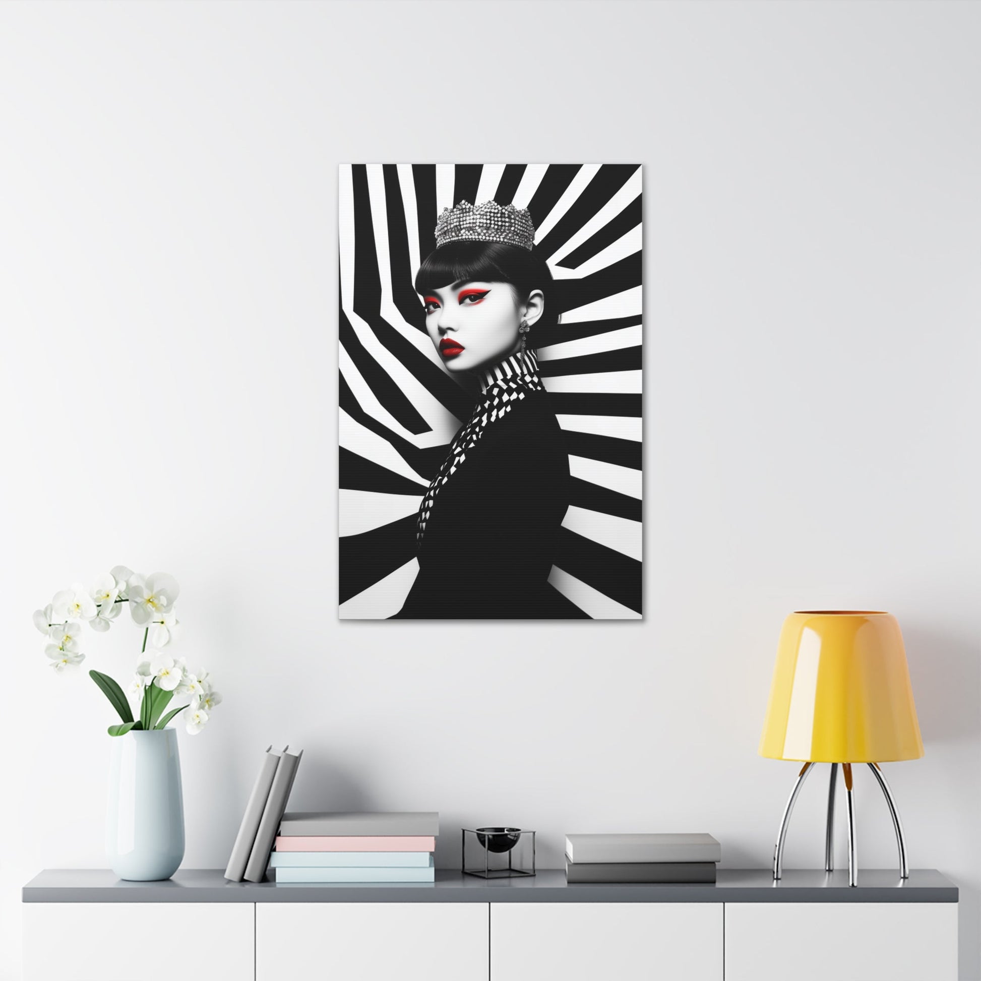 Vertical-oriented wall art: "Empress of Symmetry II" A striking portrait of an elegant Asian queen wearing a jeweled crown, set against a dynamic black-and-white geometric background with vivid red accents. This bold artwork combines regal sophistication with modern design, showcasing a captivating fusion of power and beauty.