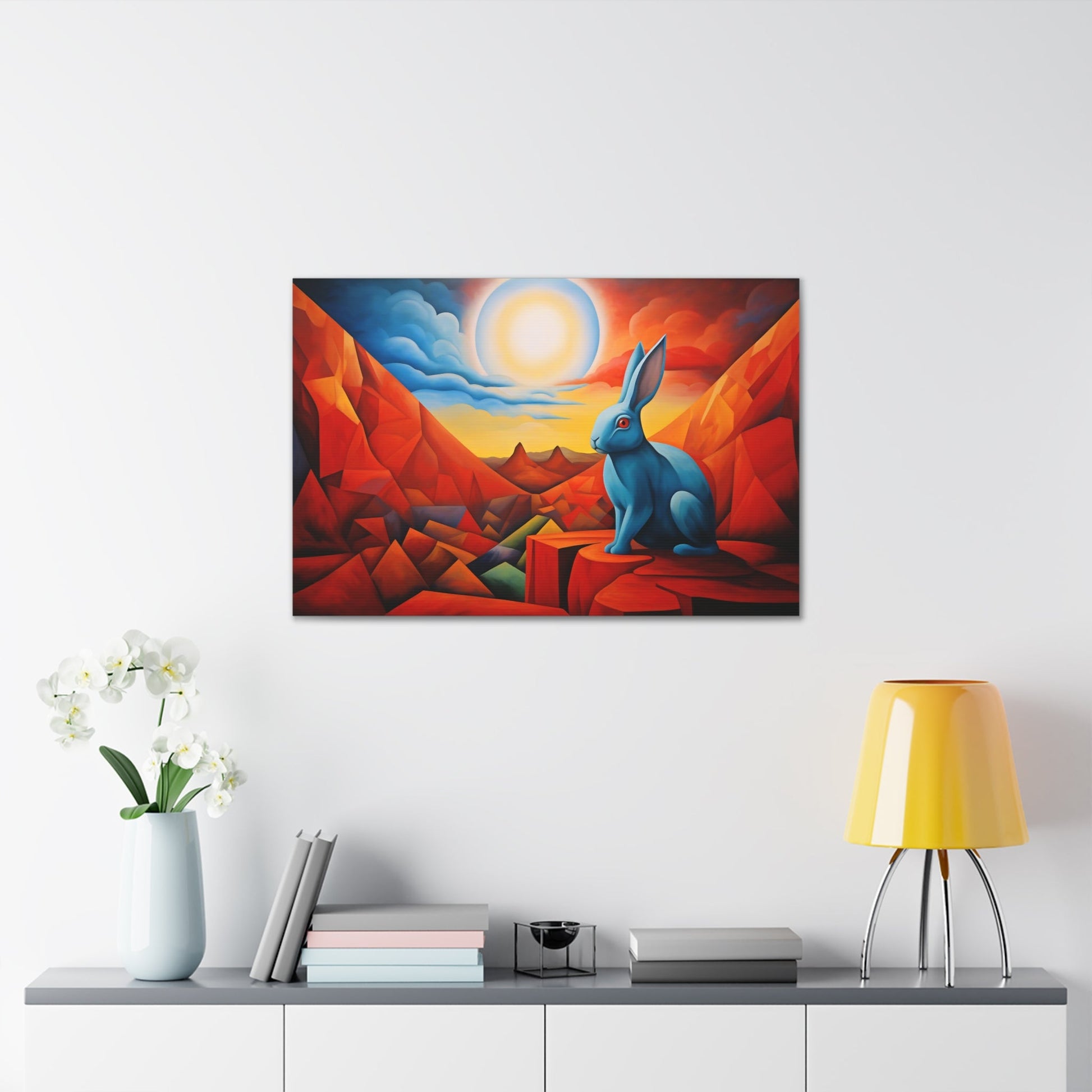 Horizontal-oriented wall art: "Vortic Hare III" features a vibrant blue rabbit sitting calmly on angular red rocks in a surreal, geometric landscape with a glowing sun in the background. The bold contrast of vivid blue, red, and orange tones evokes a dynamic fusion of Vorticism, Cubism, and Surrealism.