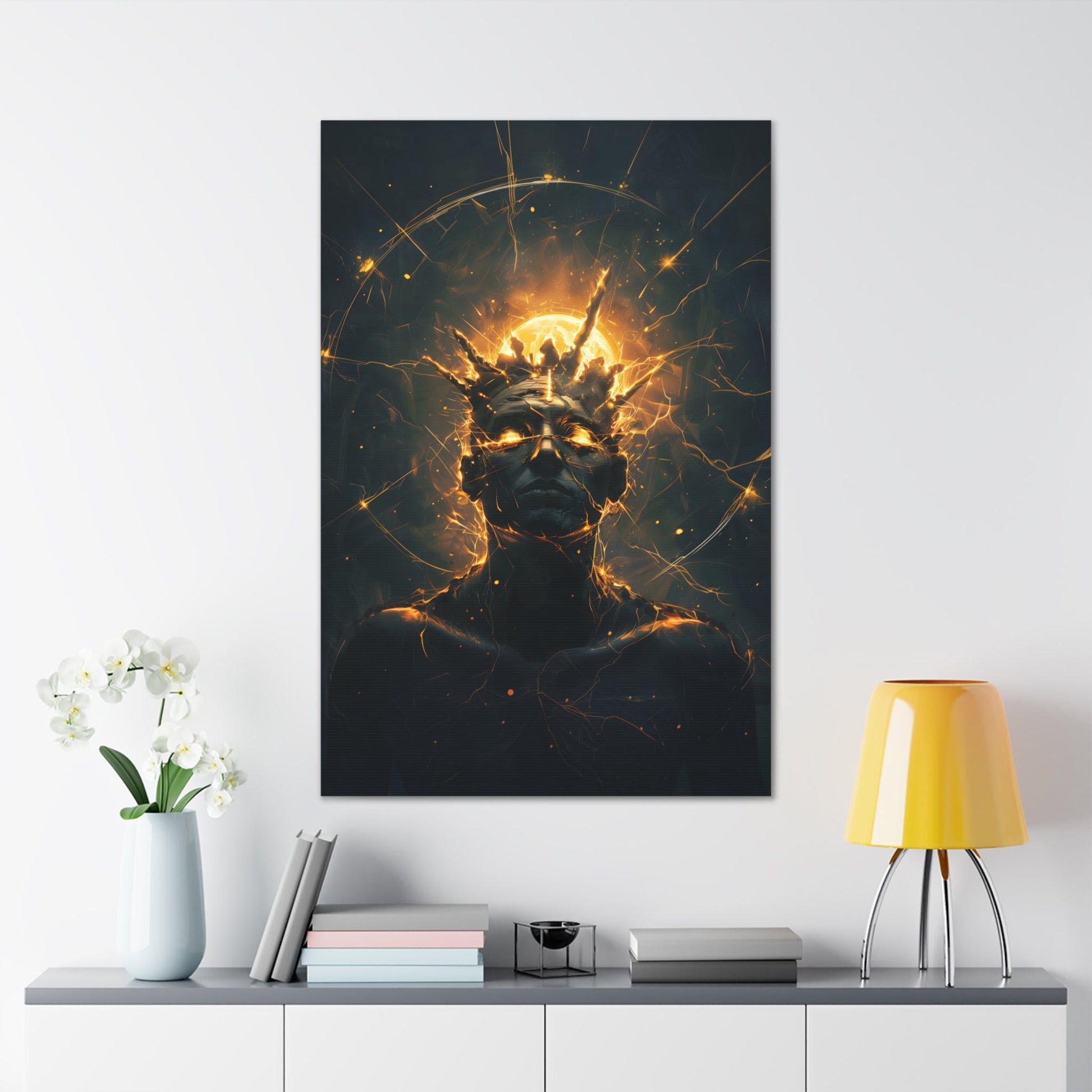 Vertical-oriented wall art: An undead mummified king stands regally in the desert sands, bathed in the warm golden light of the sun.