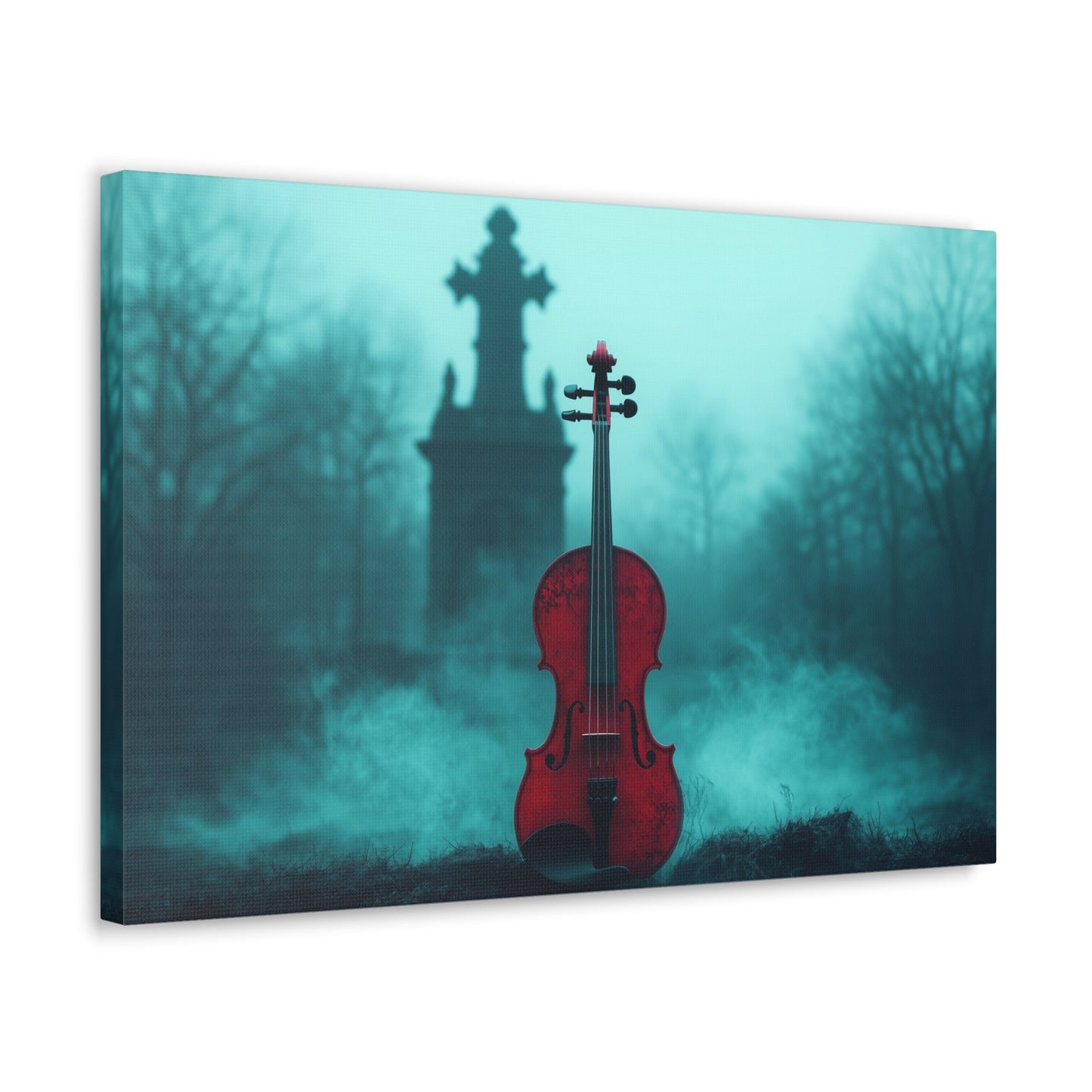 Horizontal-oriented wall art: "The Mourning Violin." A vivid red violin stands alone in a misty graveyard, framed by a dark, Gothic cross in the background. Diffused teal lighting and soft shadows create a haunting and melancholic atmosphere.