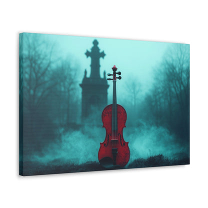 Horizontal-oriented wall art: "The Mourning Violin." A vivid red violin stands alone in a misty graveyard, framed by a dark, Gothic cross in the background. Diffused teal lighting and soft shadows create a haunting and melancholic atmosphere.