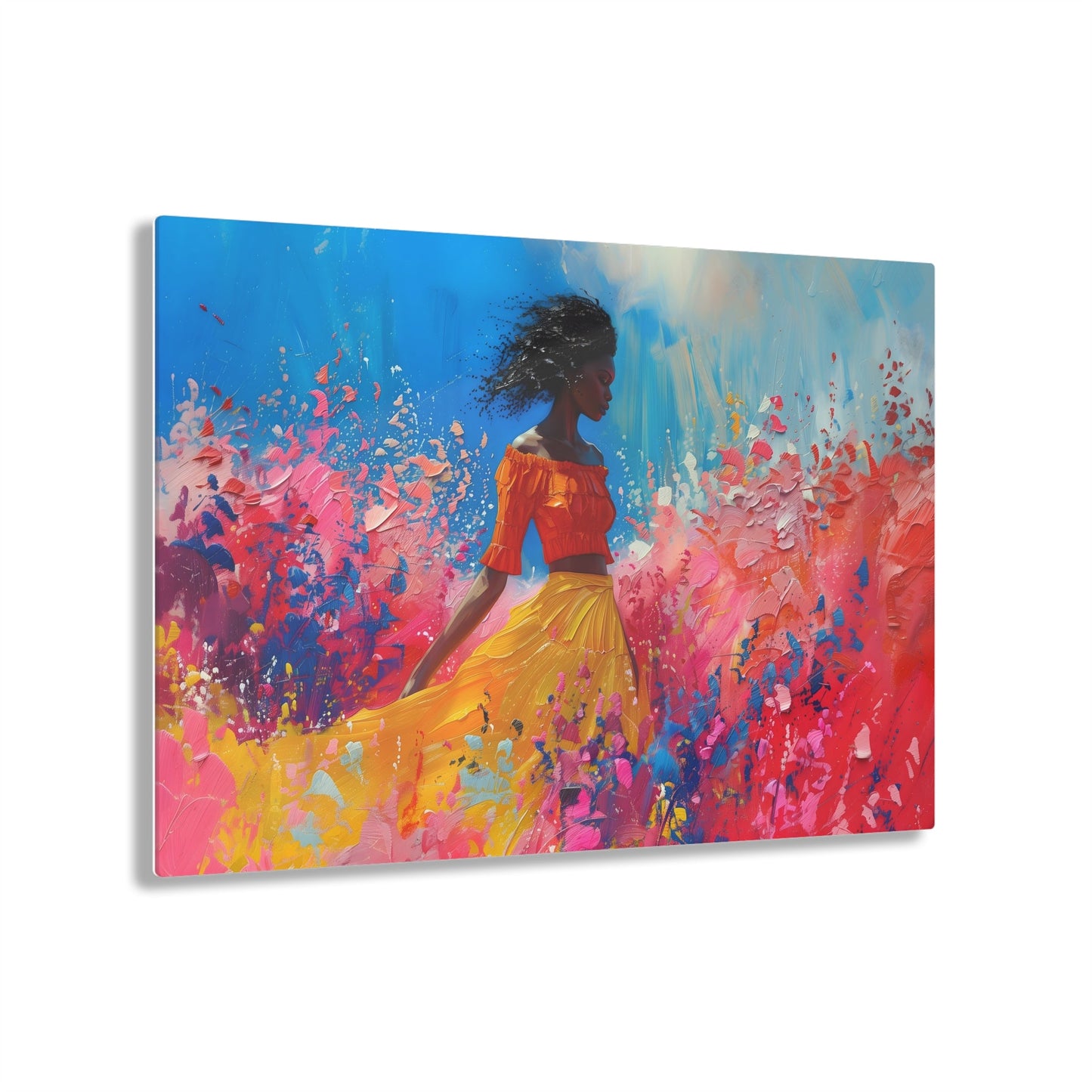 Horizontal-oriented artwork: An abstract palette knife oil painting featuring a woman walking through a colorful landscape of swirling paint splashes and vibrant hues.