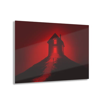 Horizontal-oriented wall art: Artwork titled Crimson Ascent from the Ruby Realms collection, featuring a glowing red house atop a hill with a solitary figure ascending a shadowed staircase. The piece creates an eerie and surreal atmosphere with its intense red glow and dramatic contrast.