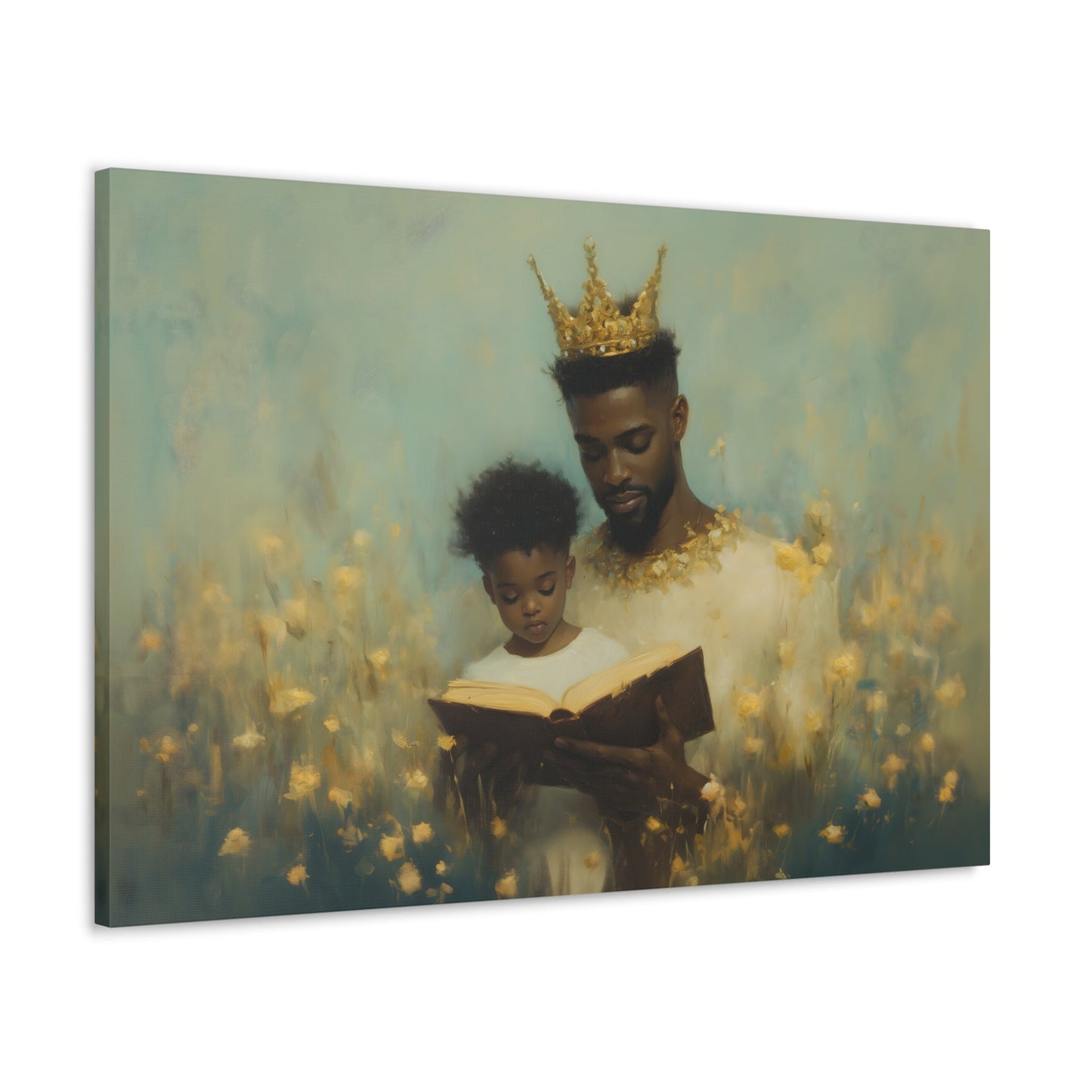 Horizontal-oriented wall art: A kingly father reads to his princely son, both adorned with crowns symbolizing the value of education. The painting features a magical realism style with whimsical elements, emphasizing the importance of knowledge and the bond between generations.