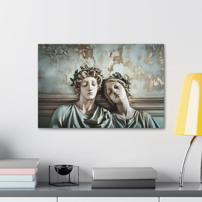 Horizontal-oriented wall art: "Tranquil Companions" Two classical statues, rest their heads against each other with eyes closed, evoking a serene sense of companionship. The weathered background with soft pastel tones and hints of gold adds to the tranquil, nostalgic ambiance of the artwork.