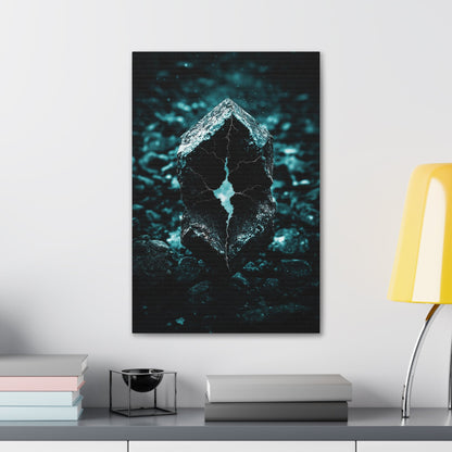 Vertical-oriented wall art: "Fractured Veil II" A glowing, fractured stone with jagged teal cracks sits amid a dark, rocky terrain, radiating an otherworldly light. The hyperreal textures and eerie illumination evoke a sense of mystery and untapped cosmic power.