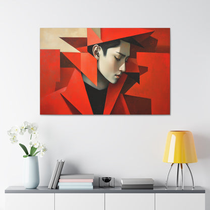 Horizontal-oriented wall art: "Refined in Fragments." A high-fashion Asian male is depicted in a Cubist style, with bold angular red geometric shapes framing his contemplative profile. The soft dramatic lighting contrasts with vivid red tones, creating an expressive and sophisticated composition.