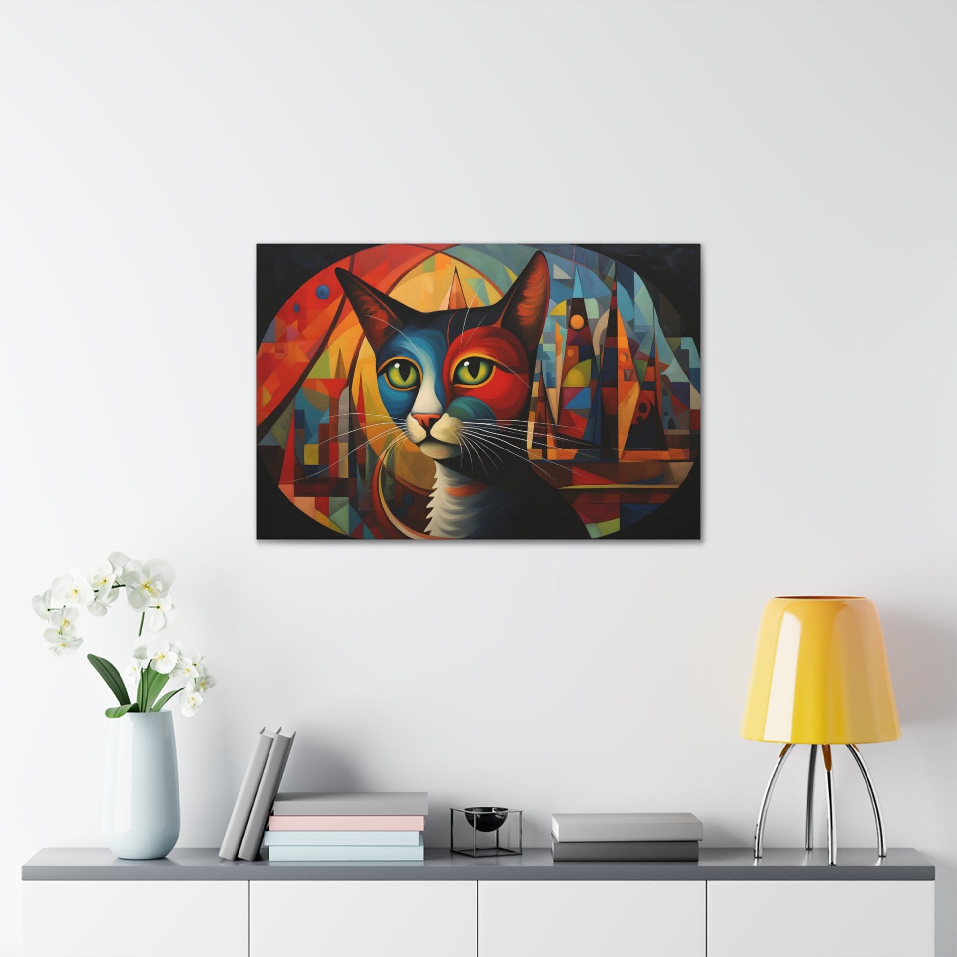 Horizontal-oriented wall art: A vibrant, abstract portrayal of a cat featuring dynamic angles and bold geometric shapes, rendered in rich, saturated colors. The composition captures the essence of the feline’s curiosity and grace, offering a modernist perspective on the animal world.