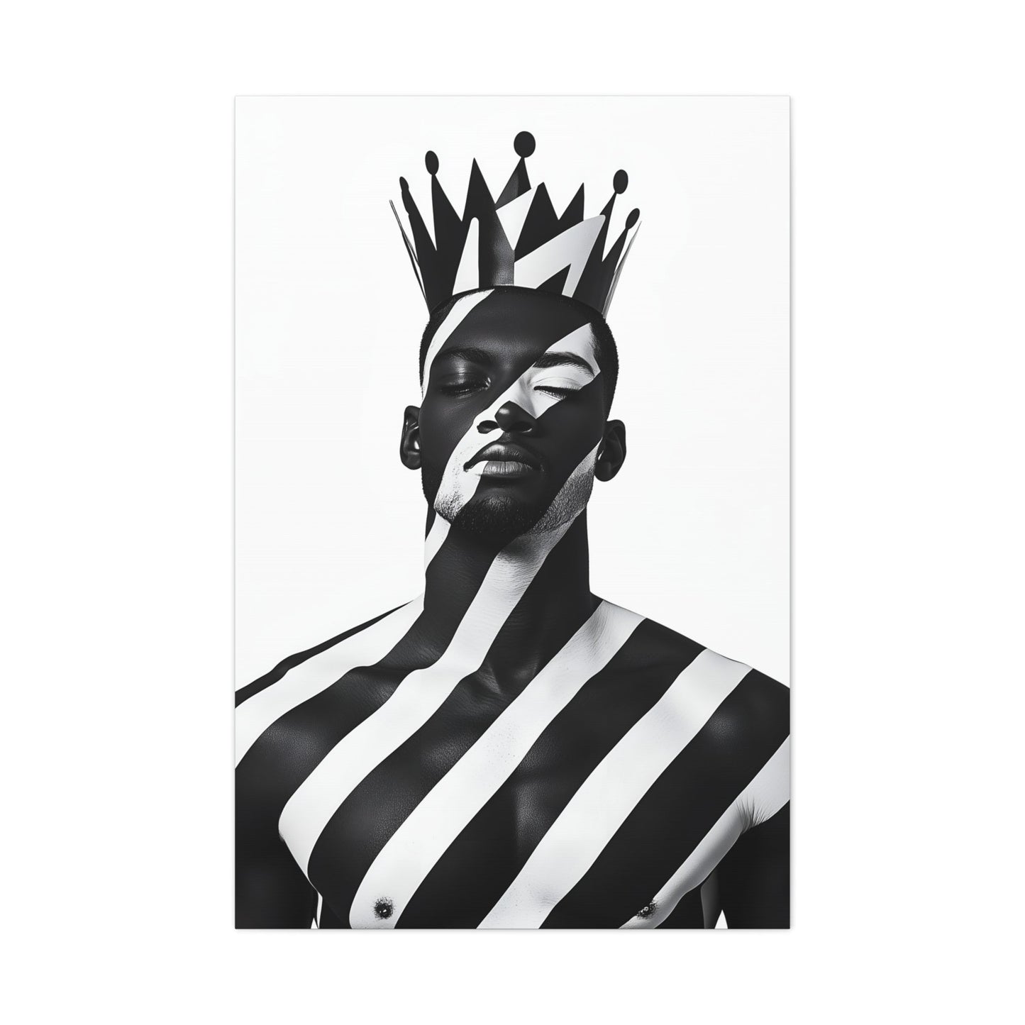 Vertical-oriented wall art: "Crown of Dignity II" A regal portrait of a man wearing a bold, geometric crown, with black and white stripes painted across his face and body. The minimalist composition emphasizes strength, elegance, and cultural pride in a modern, abstract style.