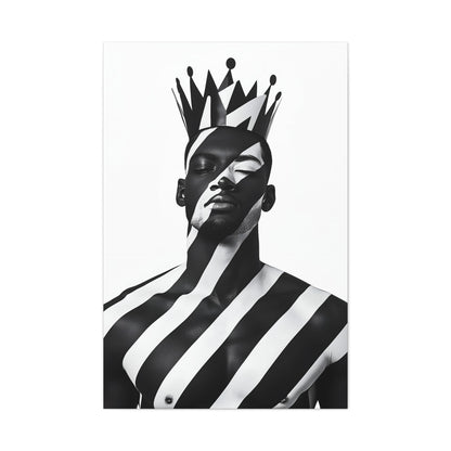 Vertical-oriented wall art: "Crown of Dignity II" A regal portrait of a man wearing a bold, geometric crown, with black and white stripes painted across his face and body. The minimalist composition emphasizes strength, elegance, and cultural pride in a modern, abstract style.