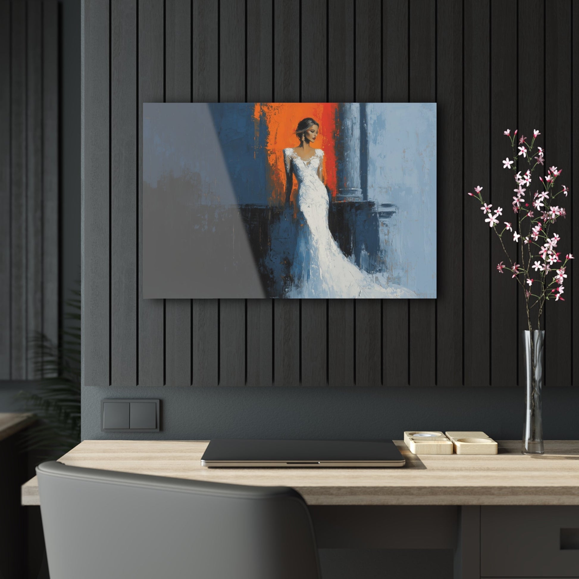 Horizontal-oriented wall art: "Ivory Vision." A poised woman stands gracefully in an ivory gown, illuminated by warm light against a vibrant orange and cool blue background. The palette knife painting technique enhances the textured details, evoking elegance and serenity.