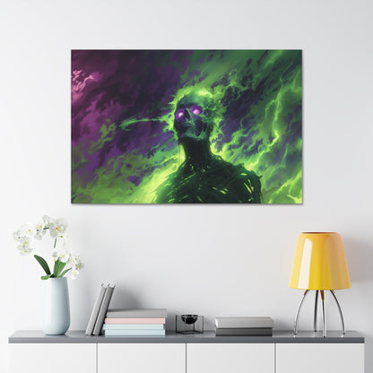 Horizontal-oriented artwork: An eerie illustration featuring a mystical lich with glowing eyes, surrounded by eldritch energies in shades of green and purple, against a dark, ominous background.