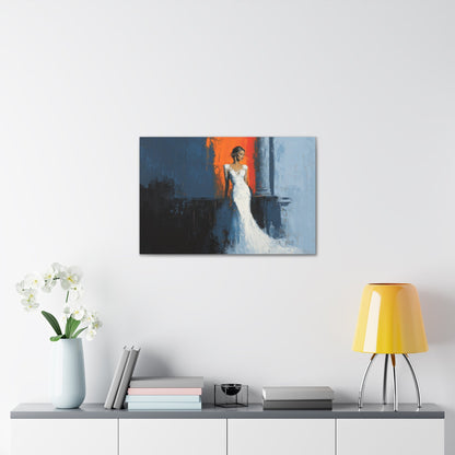 Horizontal-oriented wall art: "Ivory Vision." A poised woman stands gracefully in an ivory gown, illuminated by warm light against a vibrant orange and cool blue background. The palette knife painting technique enhances the textured details, evoking elegance and serenity.