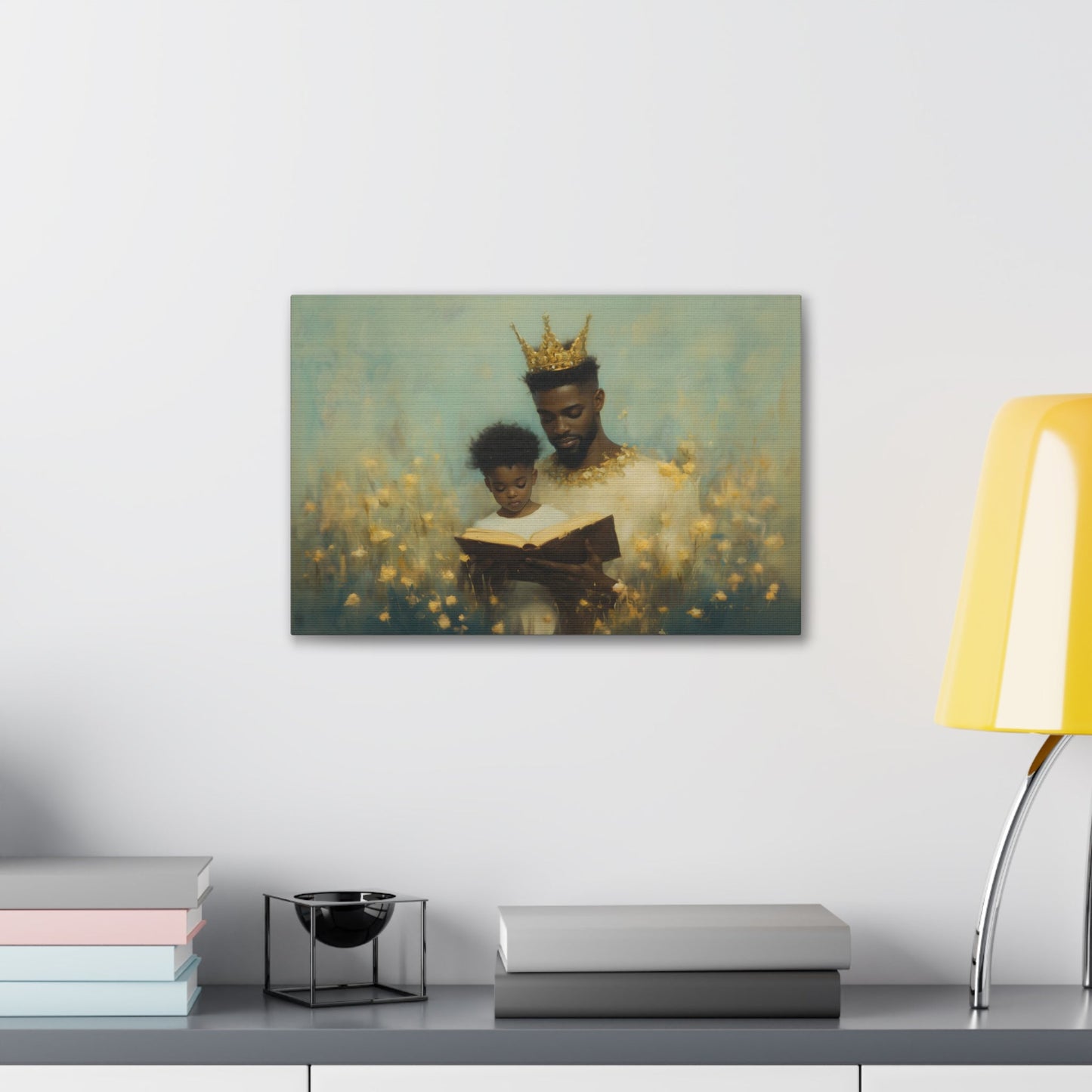 Horizontal-oriented wall art: A kingly father reads to his princely son, both adorned with crowns symbolizing the value of education. The painting features a magical realism style with whimsical elements, emphasizing the importance of knowledge and the bond between generations.