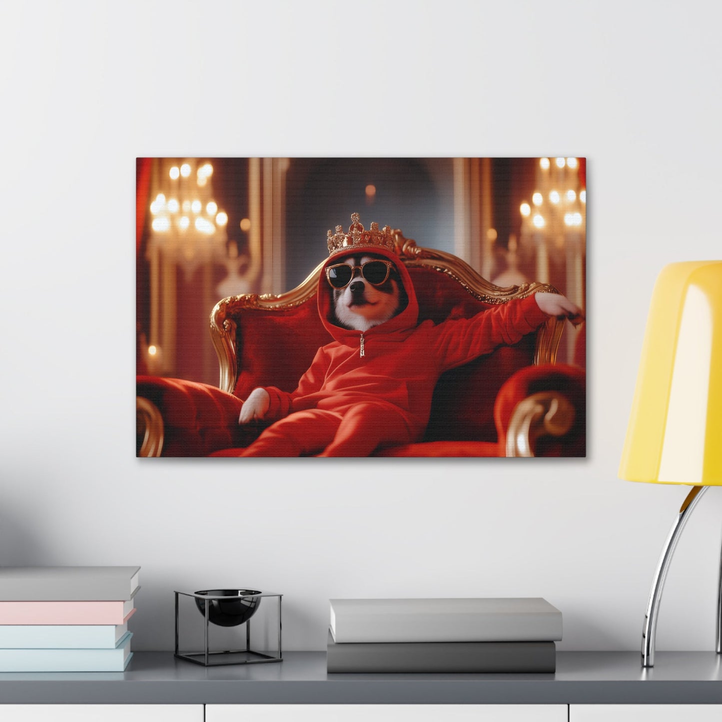 Horizontal-oriented wall art: "Crowned Companion III" A stylish dog lounges on a golden throne, wearing a crown, sunglasses, and a red hoodie in a luxurious royal setting. This playful artwork combines elegance and humor, portraying the pet as a modern ruler with personality.