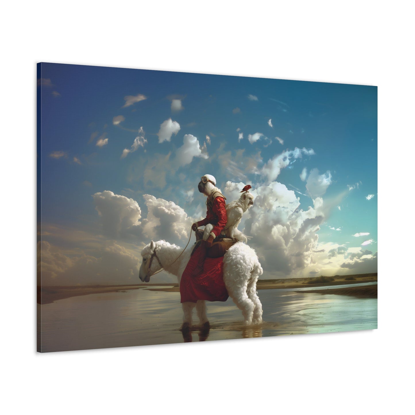 Horizontal-oriented wall art: A surreal photorealistic artwork featuring a monkey dressed in a red top and brown boots riding a white alpaca through shallow water in the desert. The monkey is accompanied by a red bird and a white parrot, all under a cloudy blue sky.