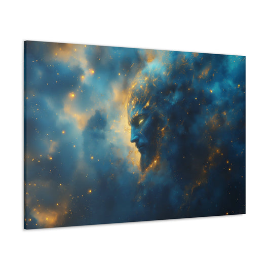 Horizontal-oriented wall art: "Celestial Djinn" An ethereal djinn’s face emerges from a swirling nebula, illuminated by glowing golden embers in a cosmic expanse. This celestial artwork captures the mystique of a mythical being intertwined with the stars.