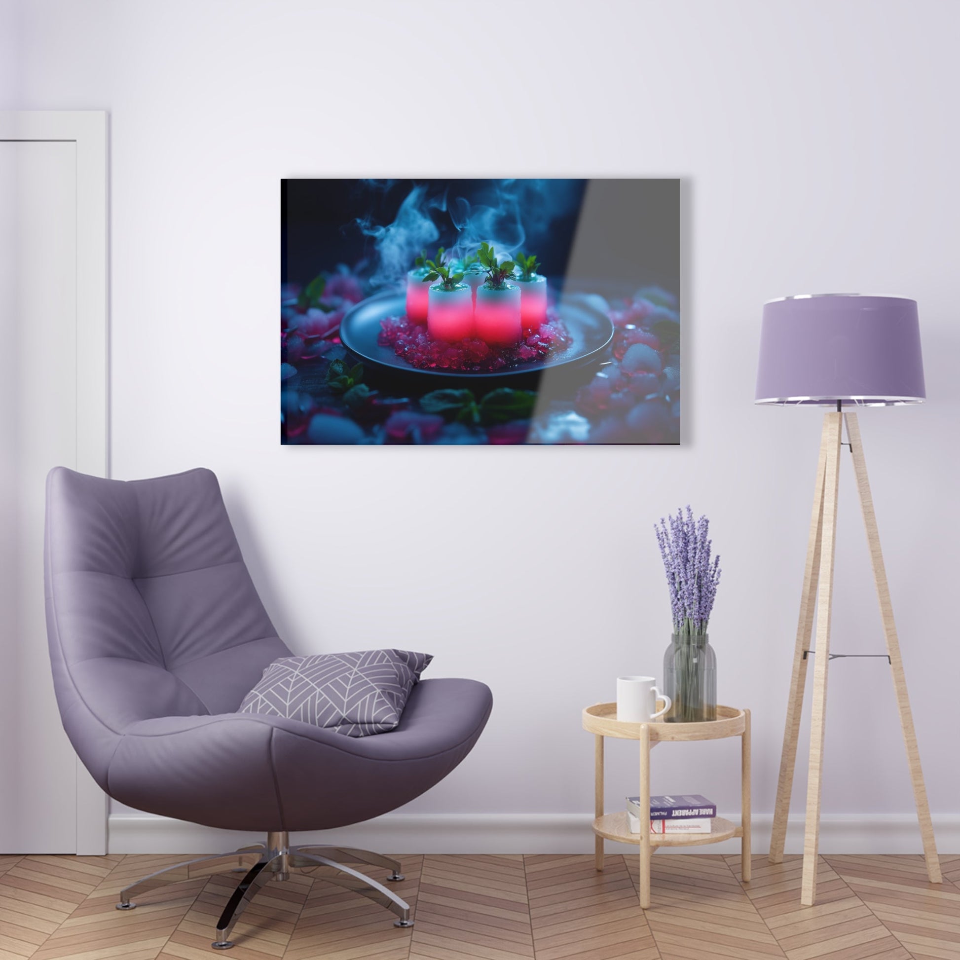 Horizontal-oriented wall art: "Xeno Cuisine." A glowing arrangement of alien meat and bioluminescent vegetables sits on an obsidian plate, surrounded by vapor and crystalline accents. The vibrant pink and cool blue tones contrast against the dark background, creating an otherworldly and surreal atmosphere.