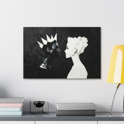 Horizontal-oriented wall art: "Kiss of Kings and Queens" A striking geometric artwork depicting an interracial couple, a Black king and a White queen, leaning in for an intimate moment, their fragmented profiles symbolizing unity and love. Bold black-and-white contrasts create a modern, abstract representation of harmony and diversity.