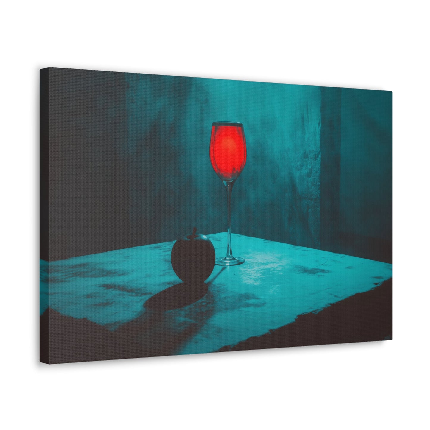 Horizontal-oriented wall art: "Eden’s Reflection" A glowing crimson wine glass and a shadowed black apple rest on a textured table, surrounded by a misty teal atmosphere. This gothic still-life composition captures an air of mystery and temptation with its striking interplay of light and shadow.